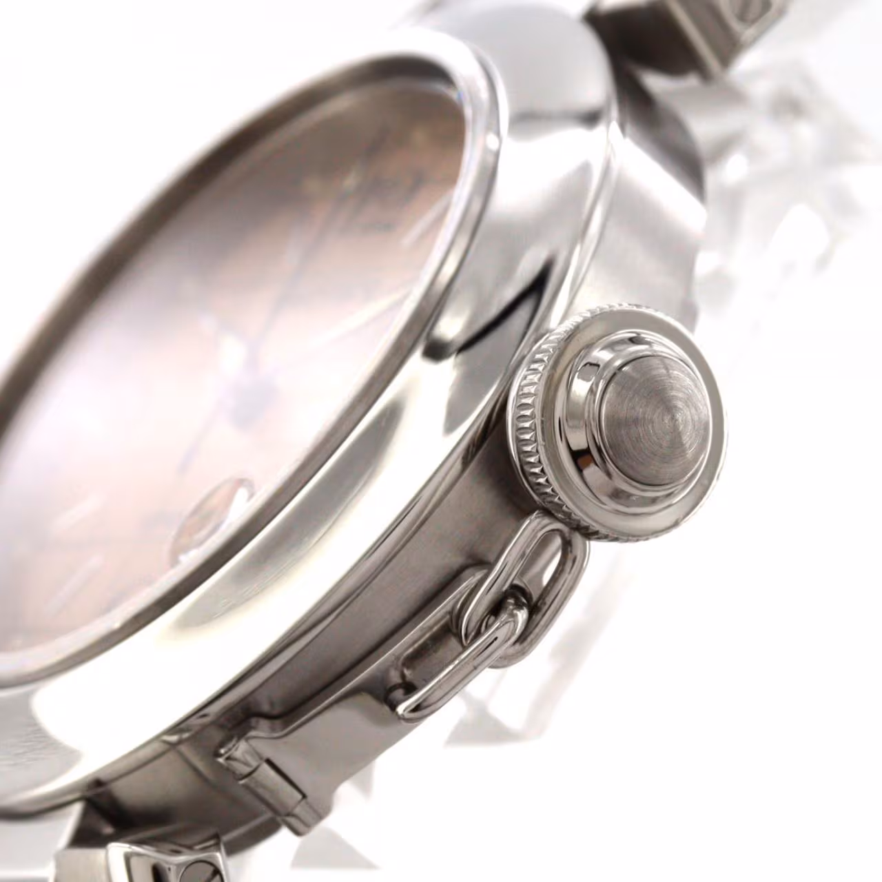 Round steel wristwatch with white dial, Arabic numerals and steel bracelet.