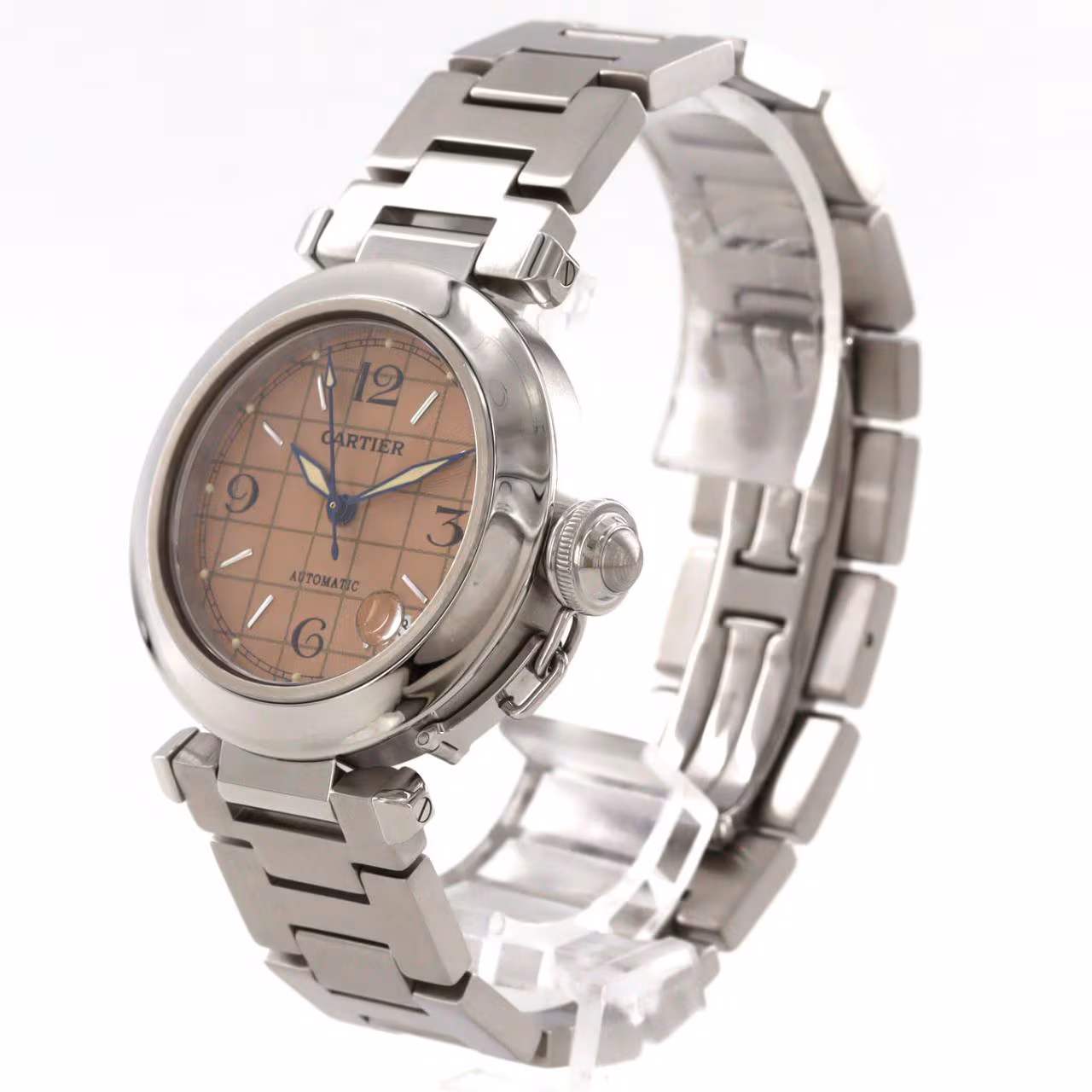 Round steel wristwatch with white dial, Arabic numerals and steel bracelet.
