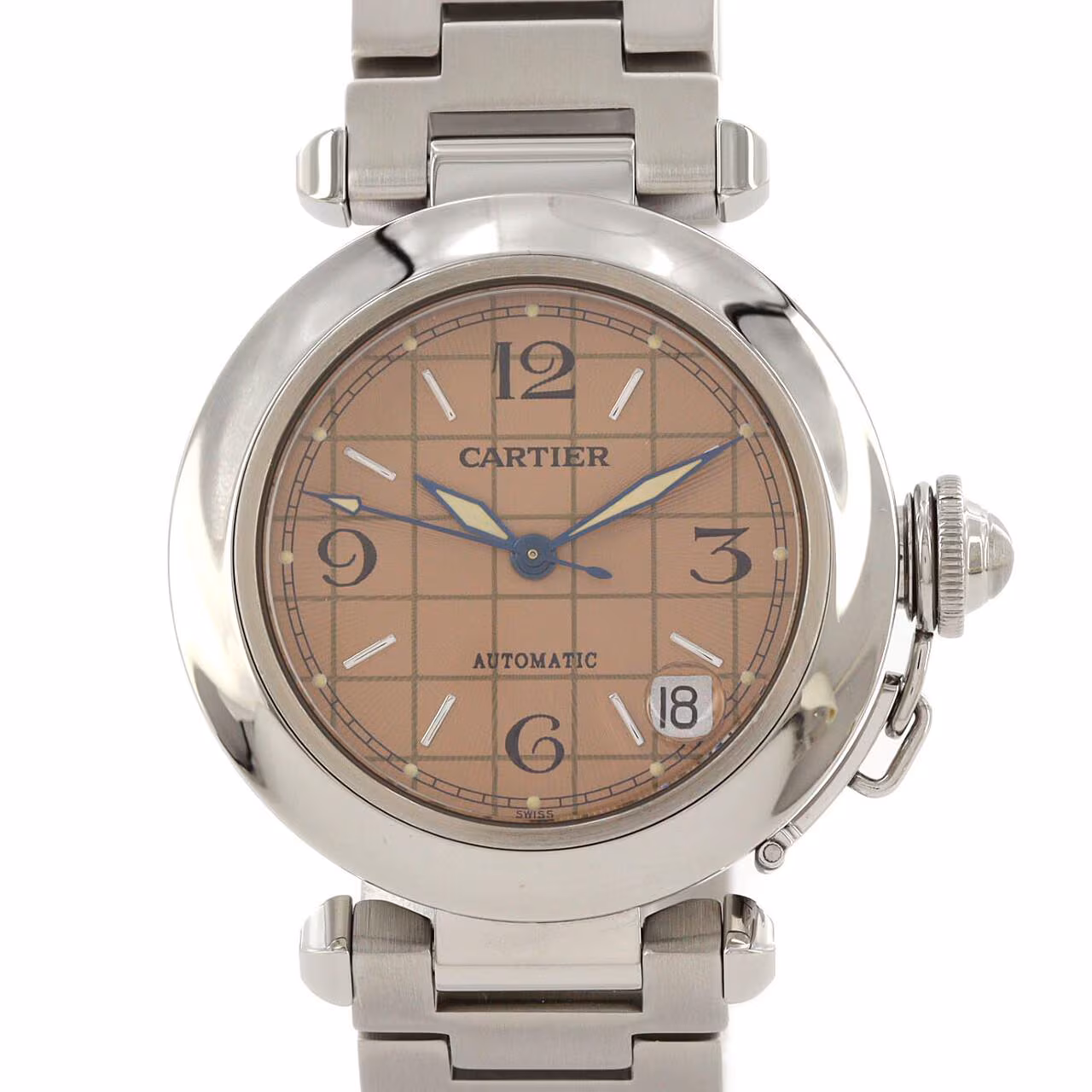 Round steel wristwatch with white dial, Arabic numerals and steel bracelet.