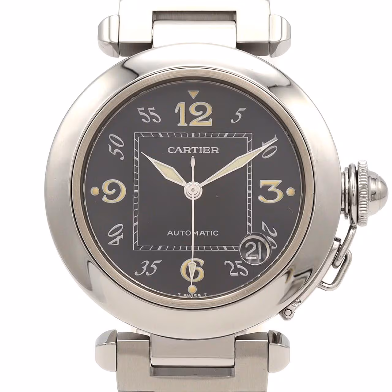 Round steel watch with a screw-down crown cap on a steel bracelet.