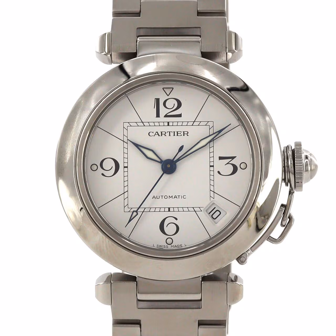 Round steel watch with a screw-down crown cover and steel bracelet.