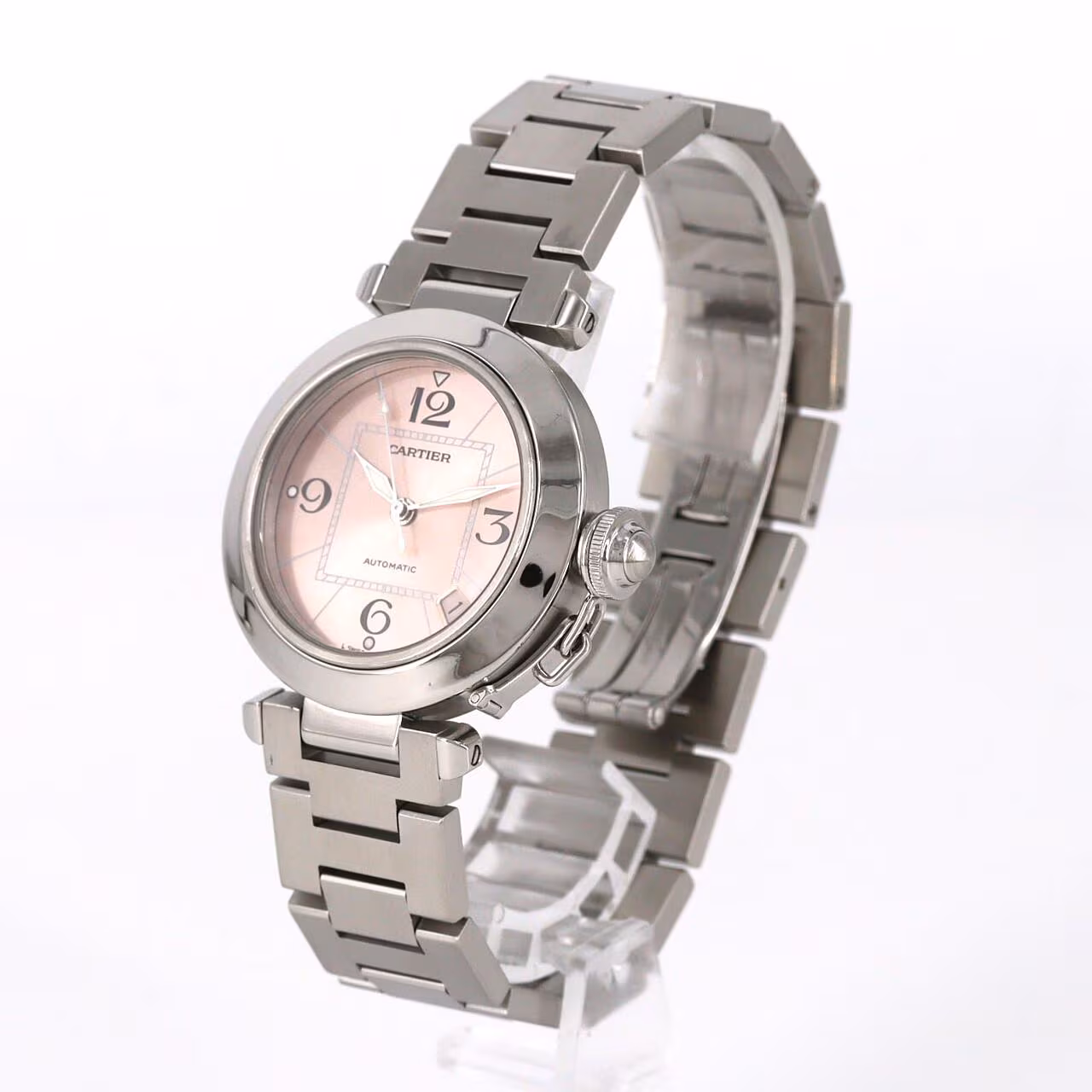 Round steel wristwatch with Arabic numerals, a screw-down crown cap and steel bracelet.
