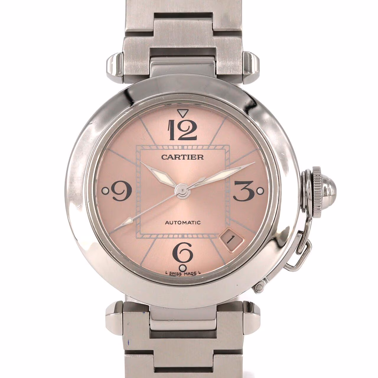 Round steel wristwatch with Arabic numerals, a screw-down crown cap and steel bracelet.