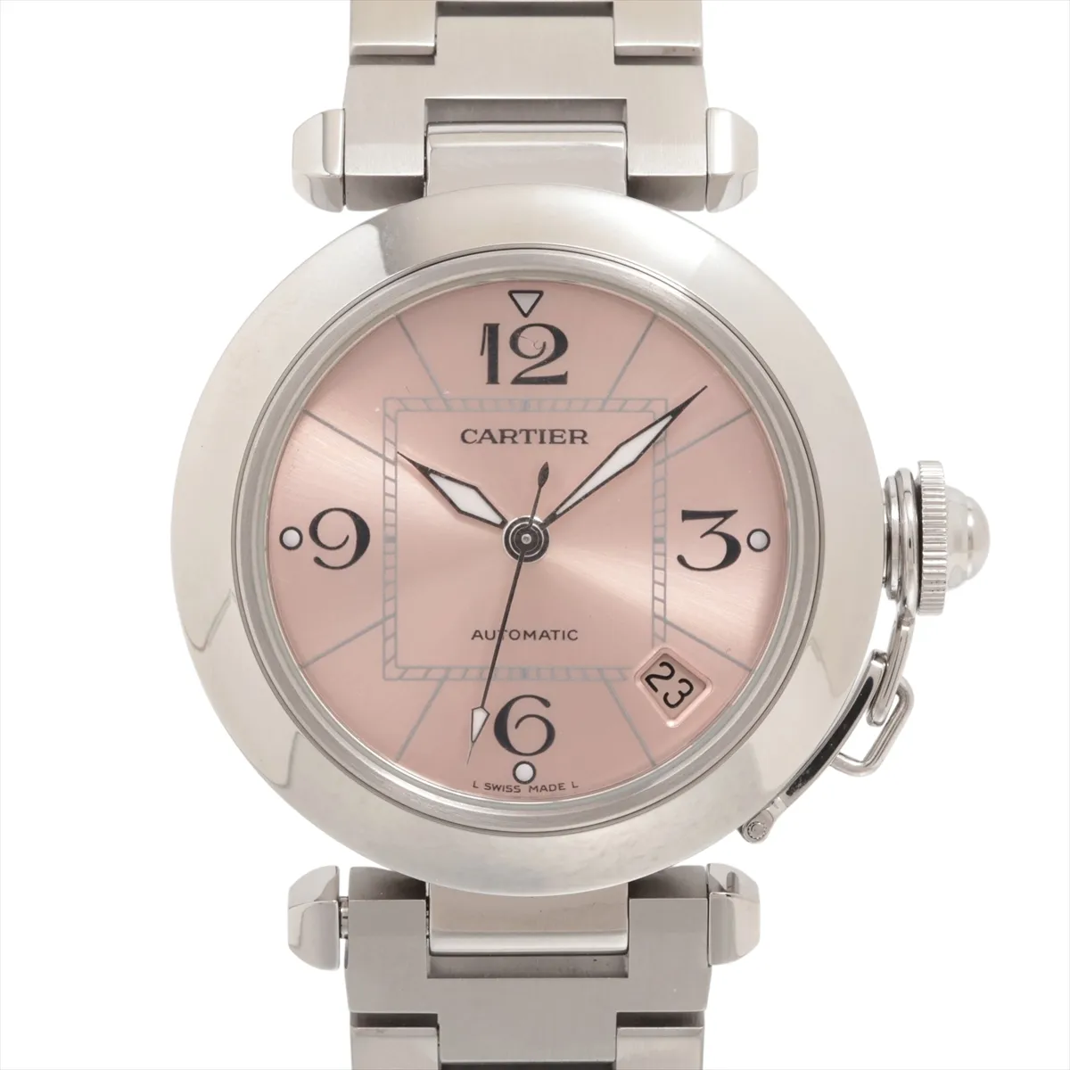 Round steel watch with pink dial, Arabic numerals and a steel bracelet.