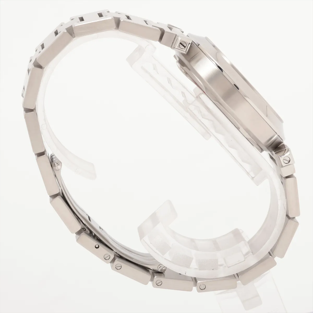 Round steel watch with pink dial, Arabic numerals and a steel bracelet.