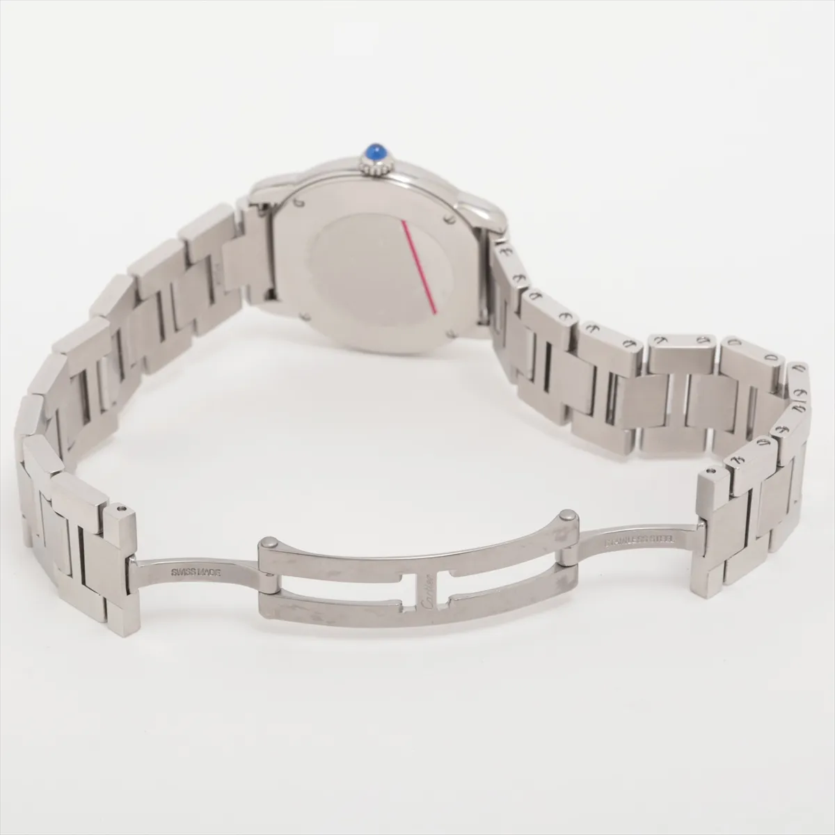 Round steel watch with silver dial, Roman numerals, blue hands and a steel bracelet.