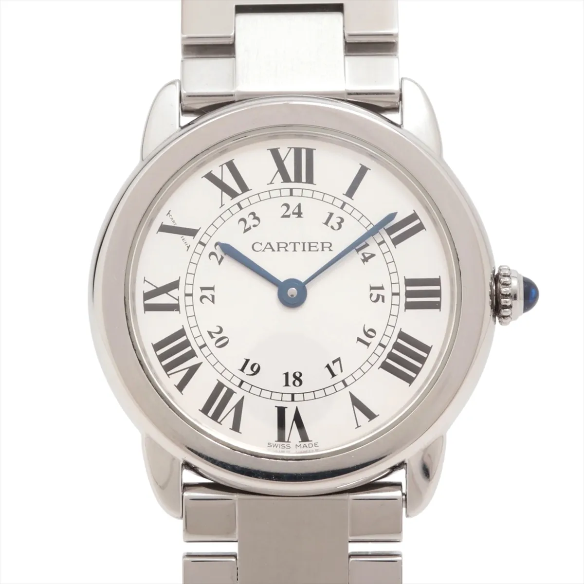 Round steel watch with silver dial, Roman numerals, blue hands and a steel bracelet.