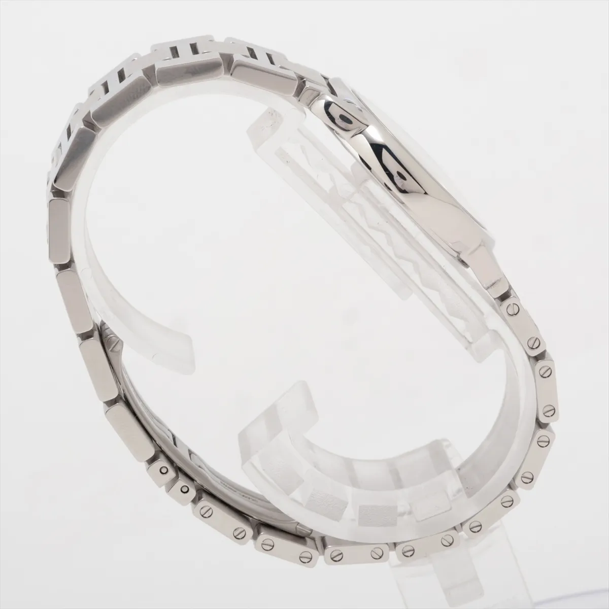 Round steel watch with silver dial, Roman numerals, blue hands and a steel bracelet.