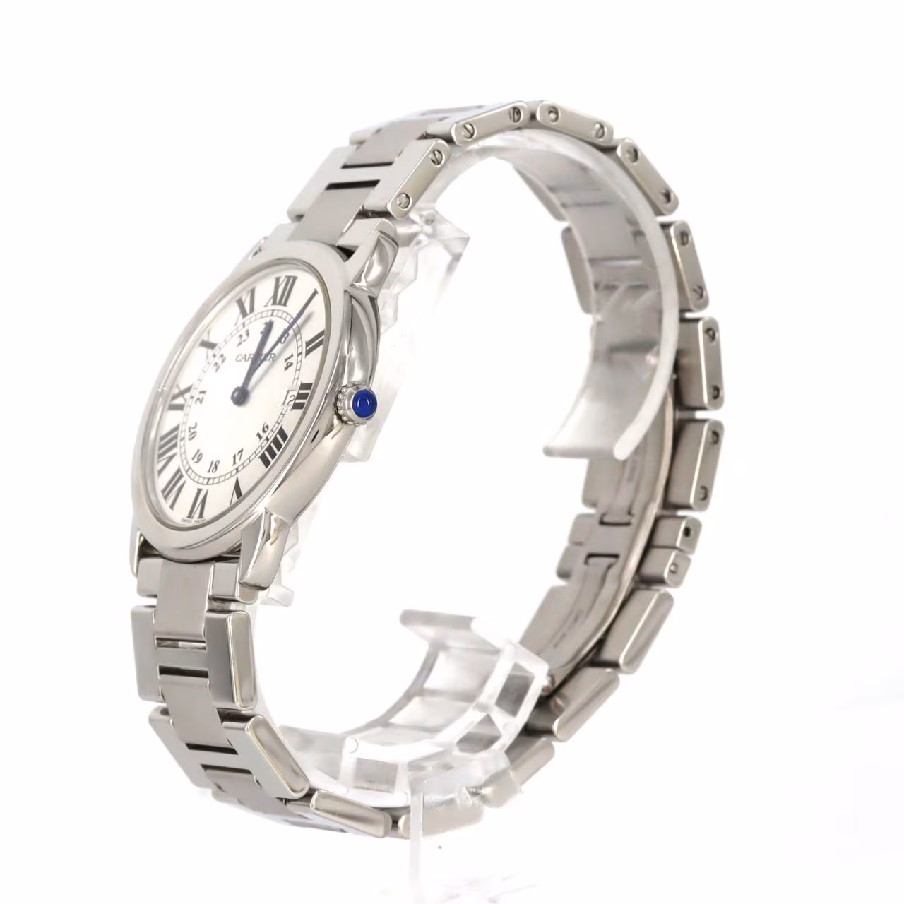 Round steel wristwatch with a white dial, Roman numerals and a steel bracelet