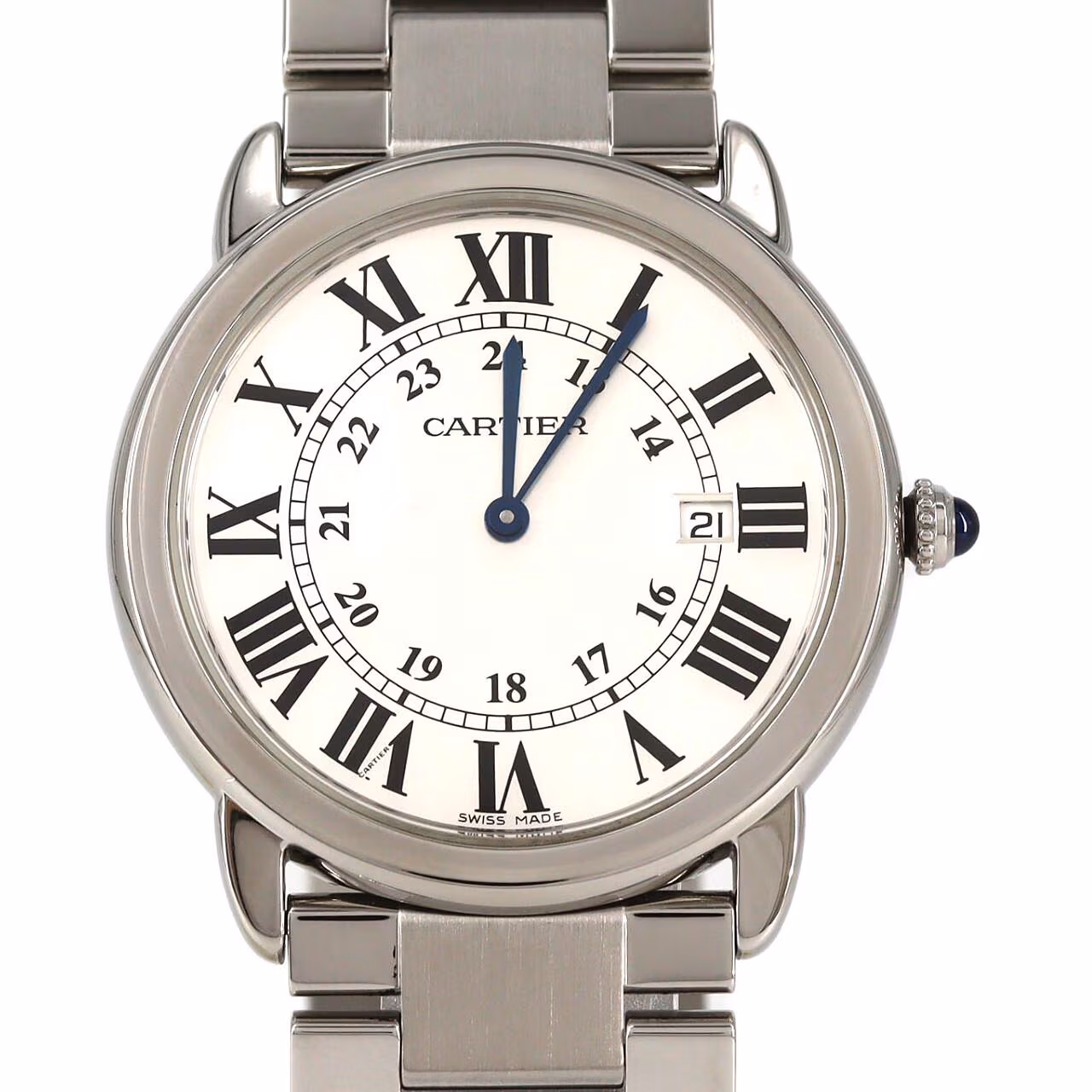 Round steel wristwatch with a white dial, Roman numerals and a steel bracelet