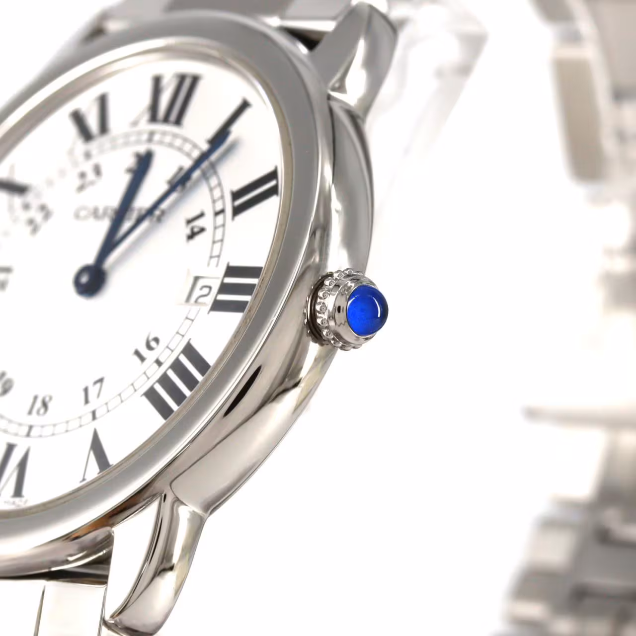 Round steel wristwatch with a white dial, Roman numerals and a steel bracelet