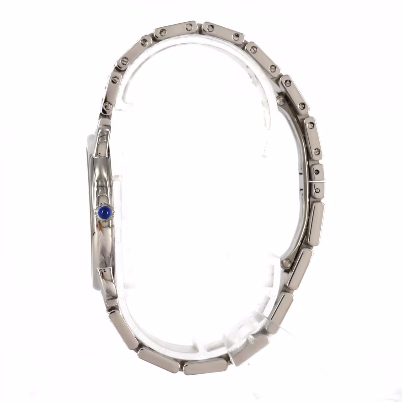 Round steel wristwatch with a white dial, Roman numerals and a steel bracelet