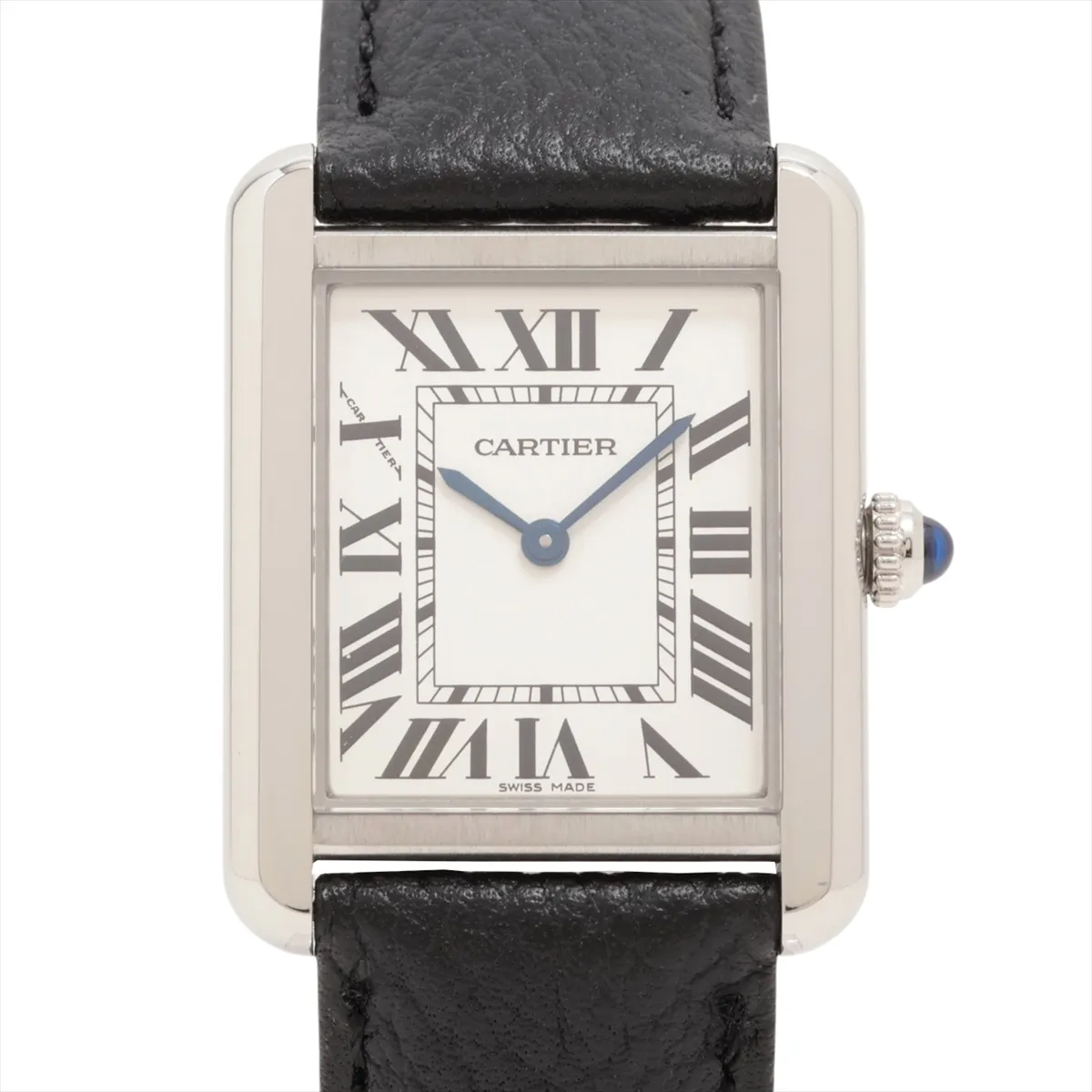 Square-cased wristwatch with white dial, Roman numeral markers and a dark leather strap.