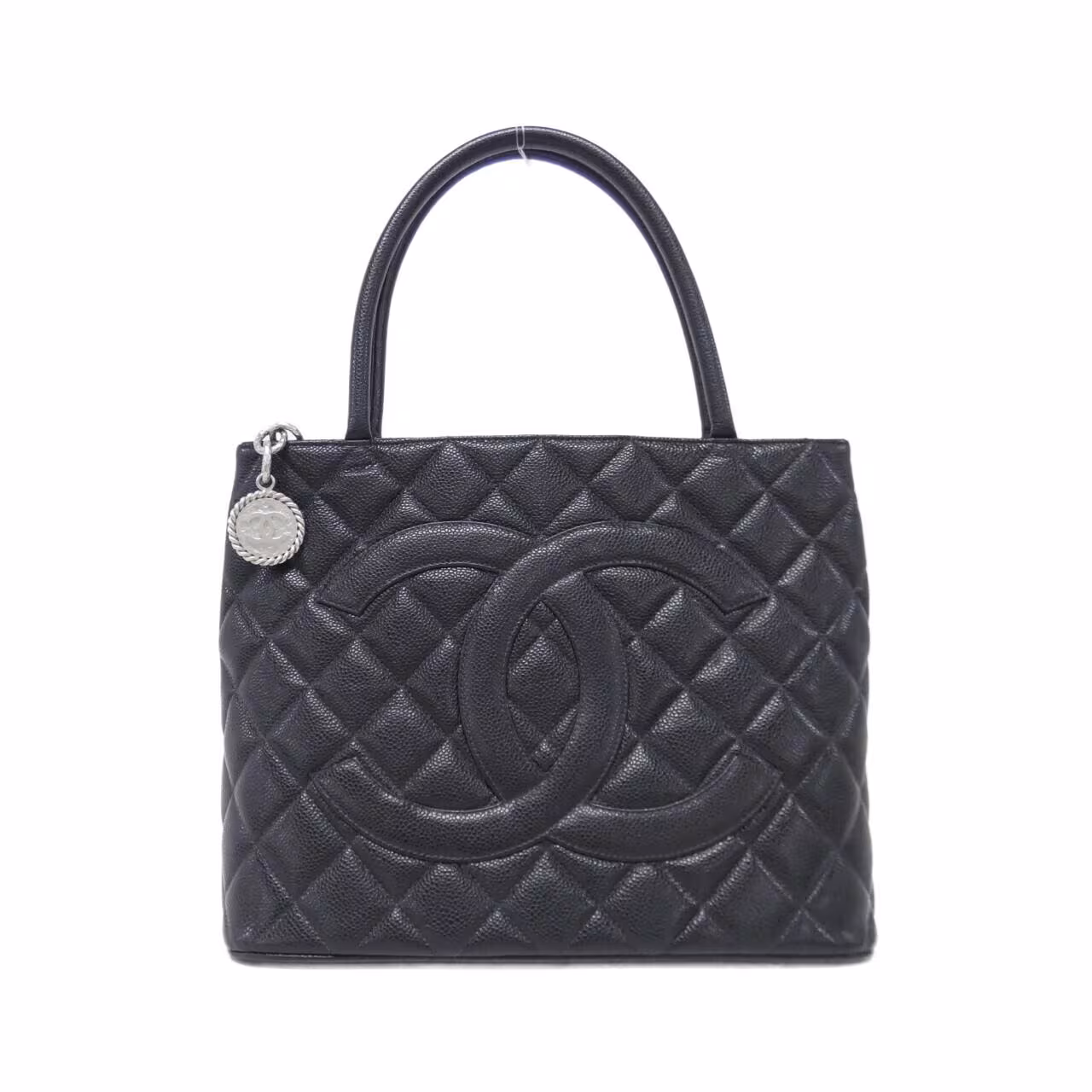 Black quilted bag with gold-tone chain strap and interlocking logo clasp.