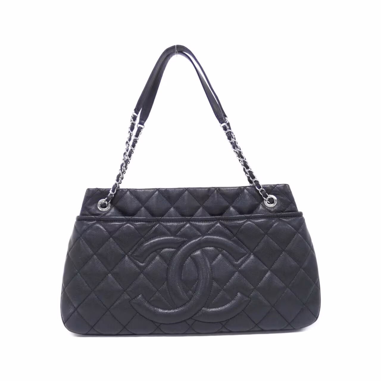 Black quilted leather bag with gold-tone chain handle and logo clasp.