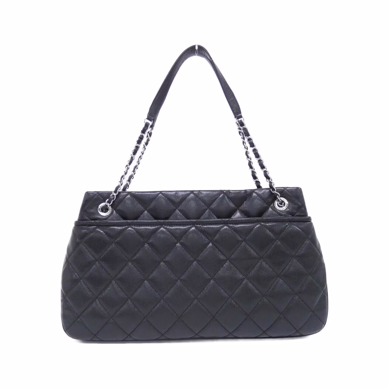 Black quilted leather bag with gold-tone chain handle and logo clasp.