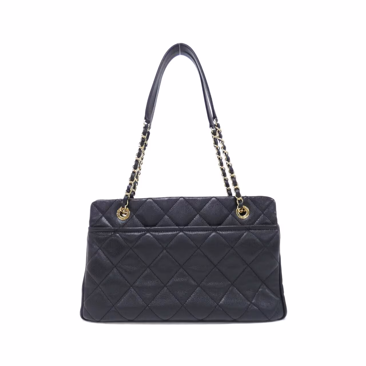 Black quilted shoulder bag with gold-tone chain strap and front flap closure.