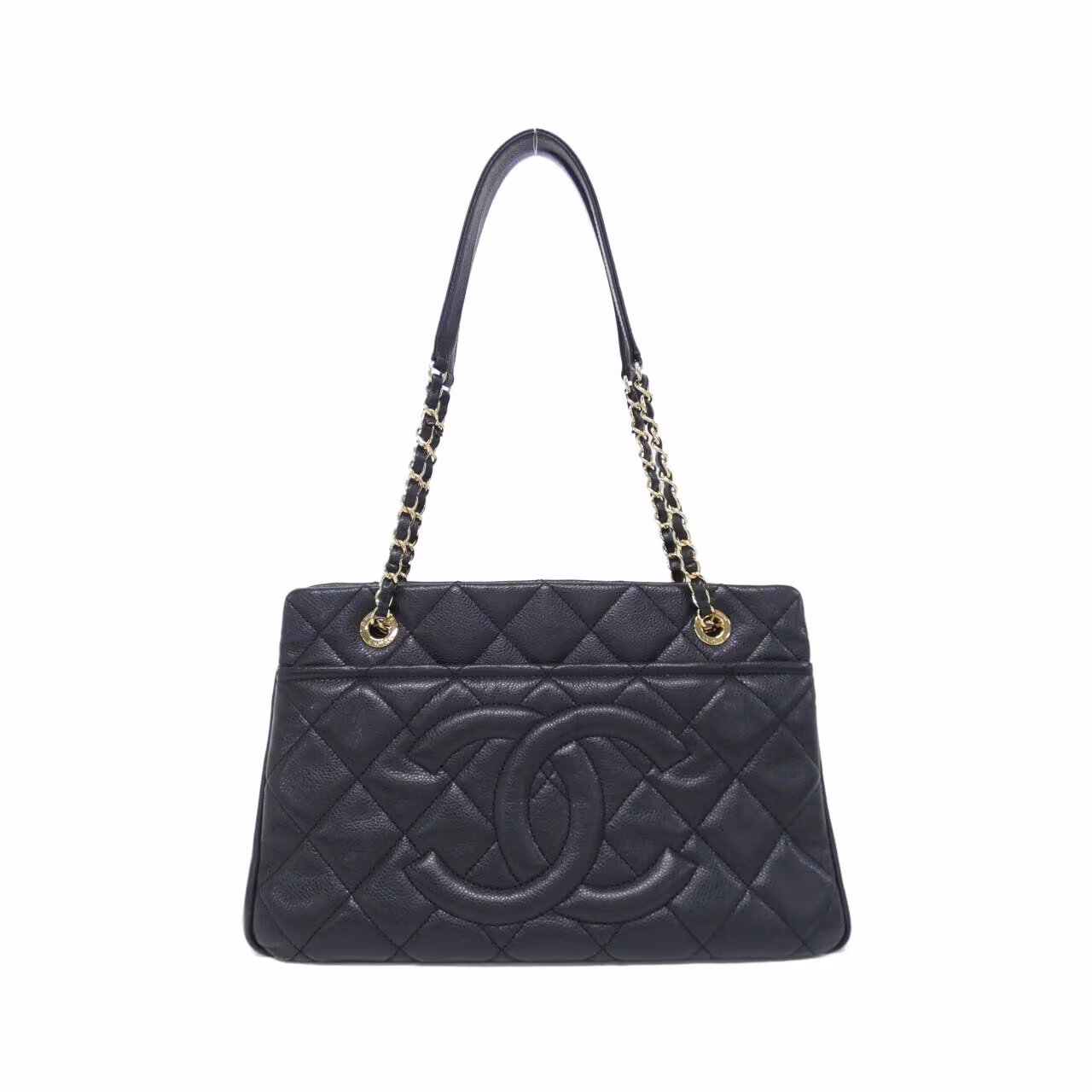Black quilted shoulder bag with gold-tone chain strap and front flap closure.