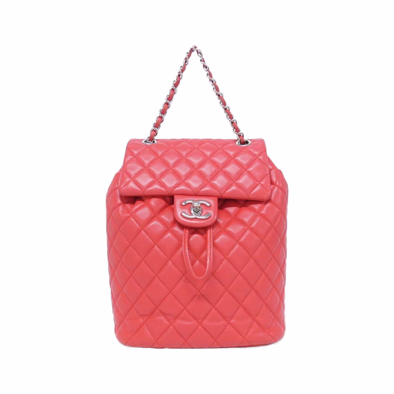 Black quilted backpack with drawstring top, front flap and chain-threaded shoulder straps.