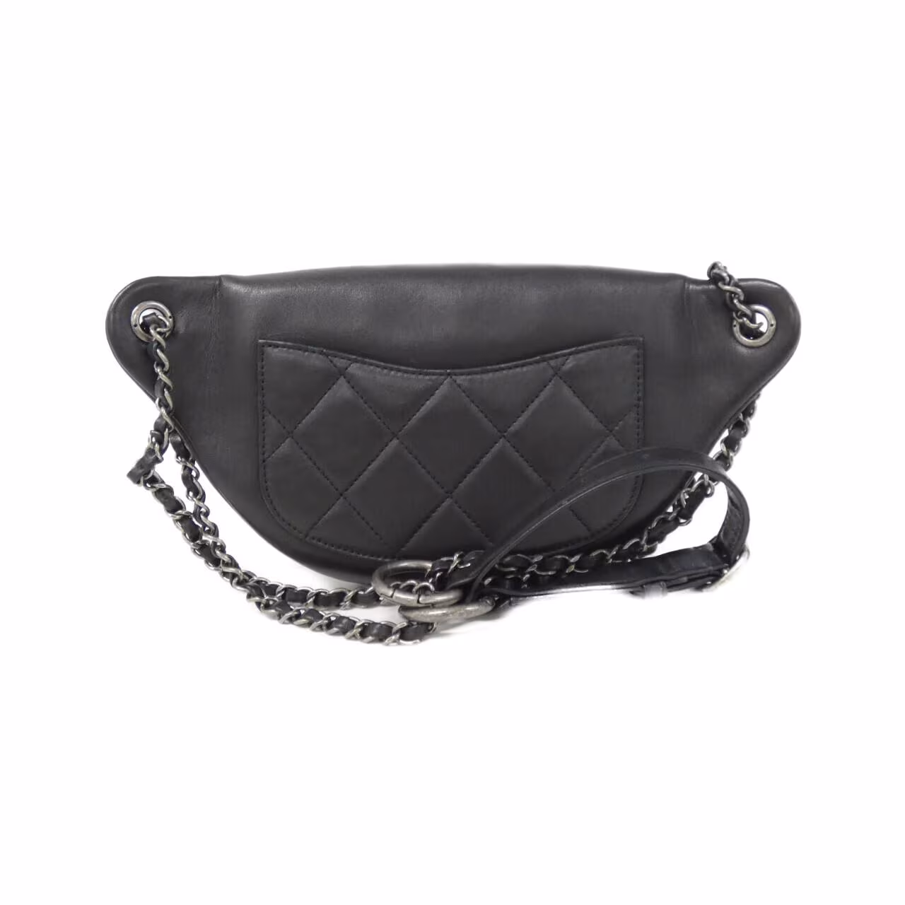 Small black quilted belt bag with a chain and leather strap.