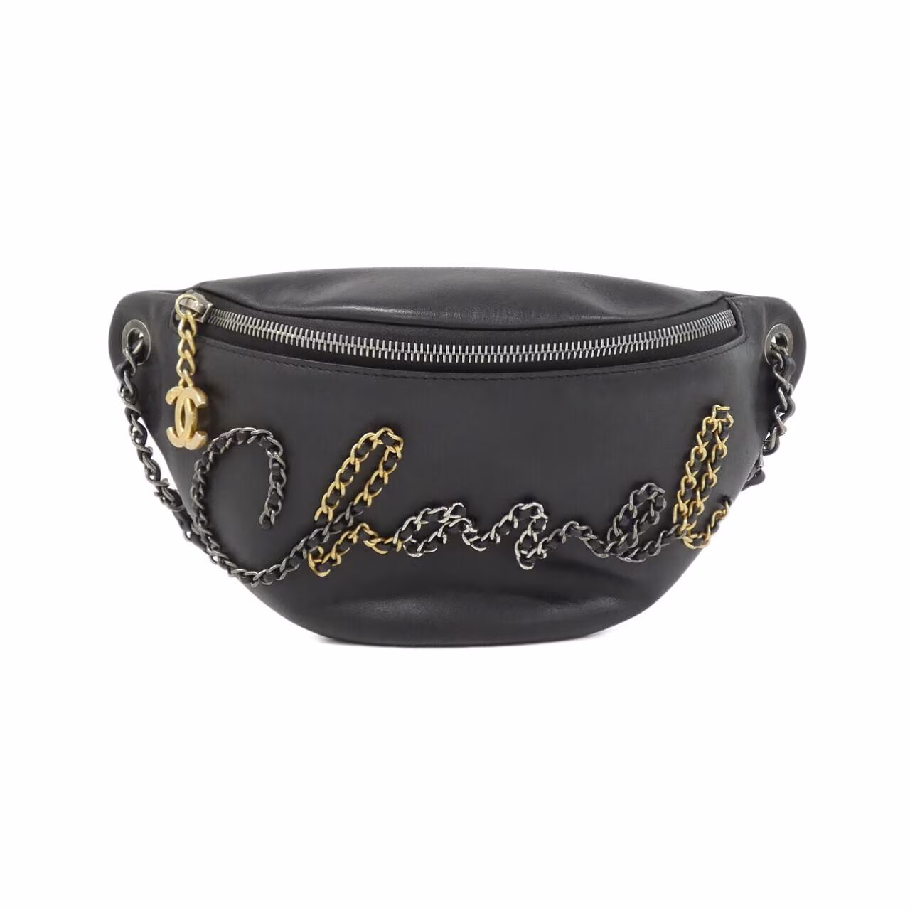 Small black quilted belt bag with a chain and leather strap.