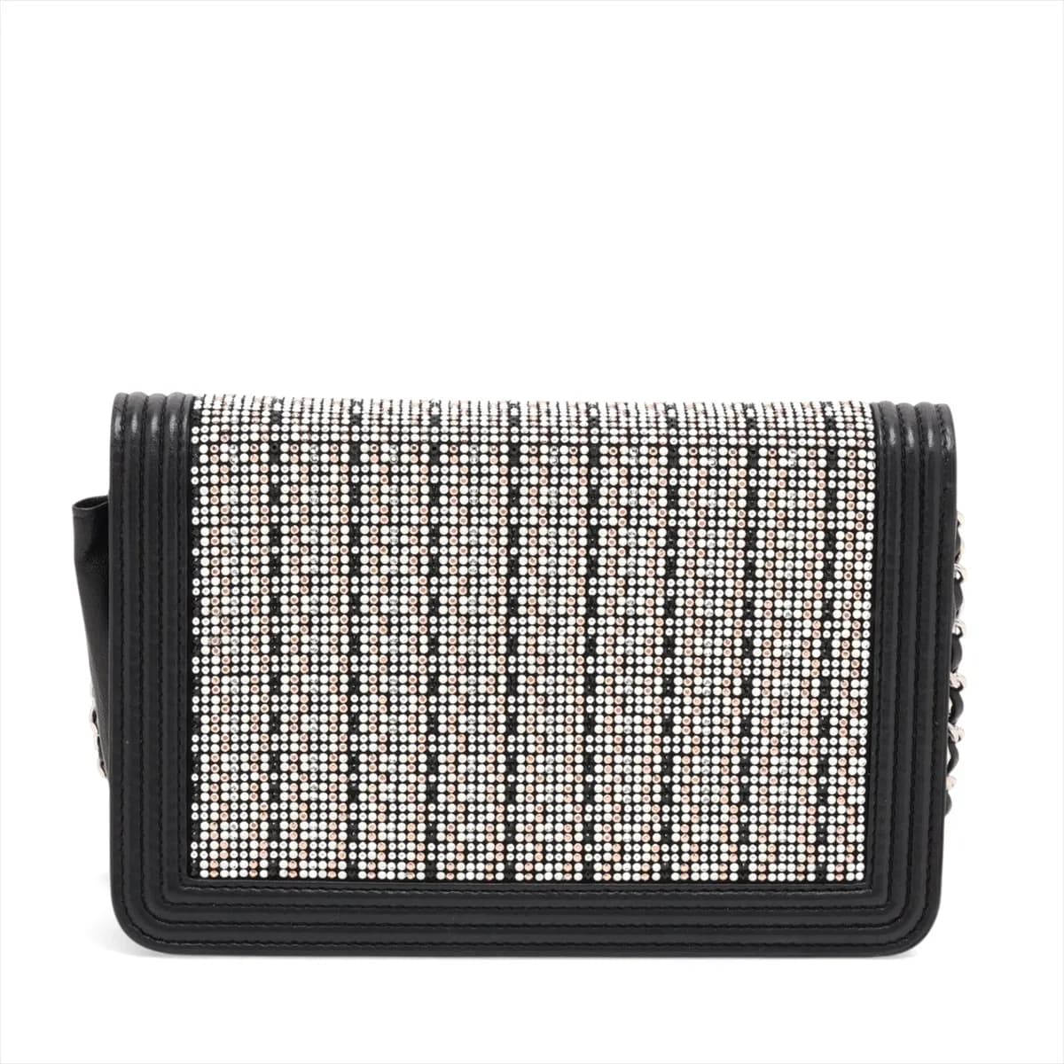 Black quilted leather flap wallet with a wide silver-tone clasp and chain strap.