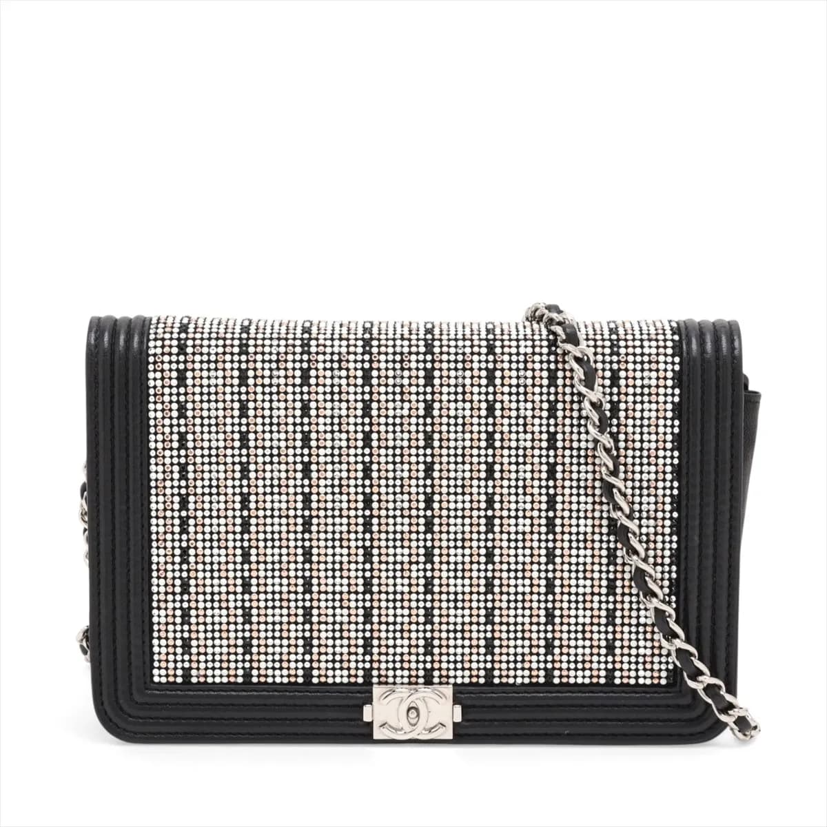 Black quilted leather flap wallet with a wide silver-tone clasp and chain strap.