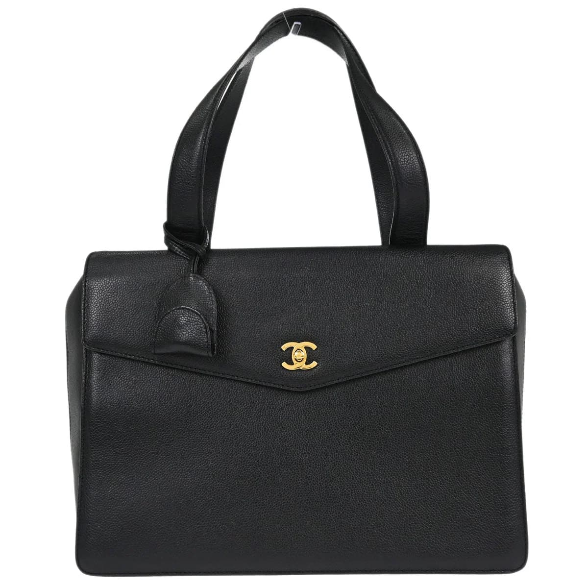 Structured black grained leather briefcase with top handles and gold-tone hardware