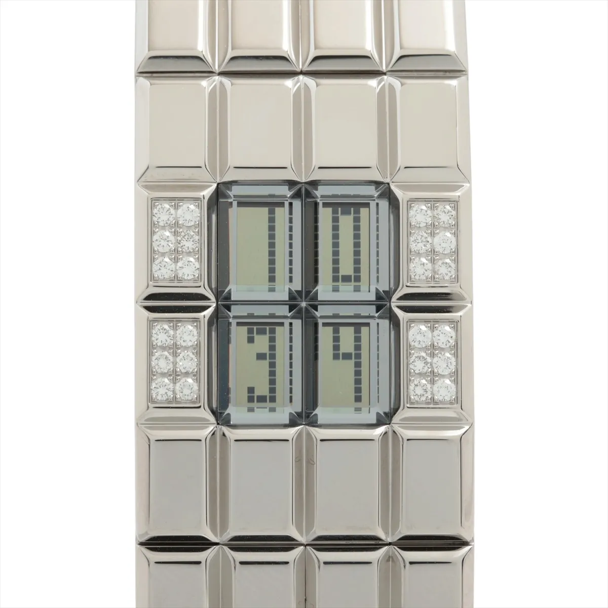 Slim rectangular stainless steel watch with digital display and integrated steel bracelet.