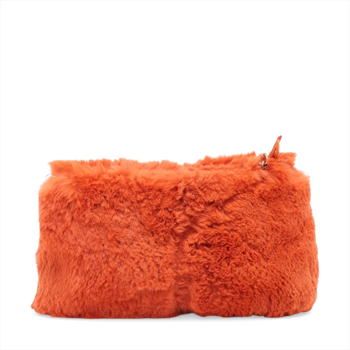 Small orange fur shoulder bag with a gold chain strap and interlocking logo clasp.