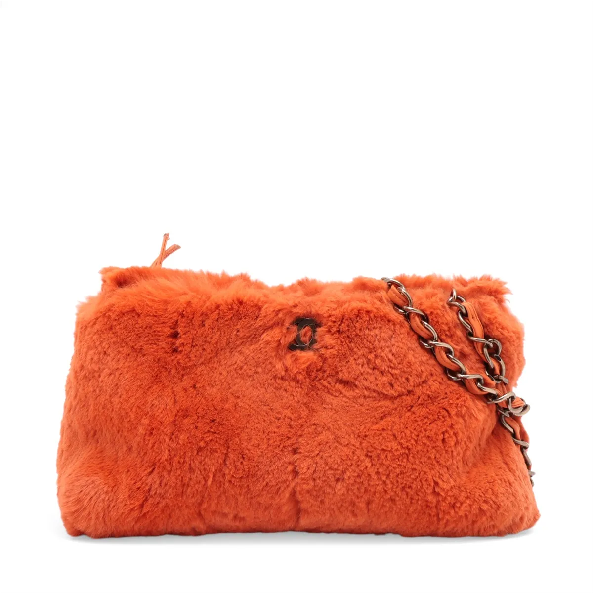 Small orange fur shoulder bag with a gold chain strap and interlocking logo clasp.