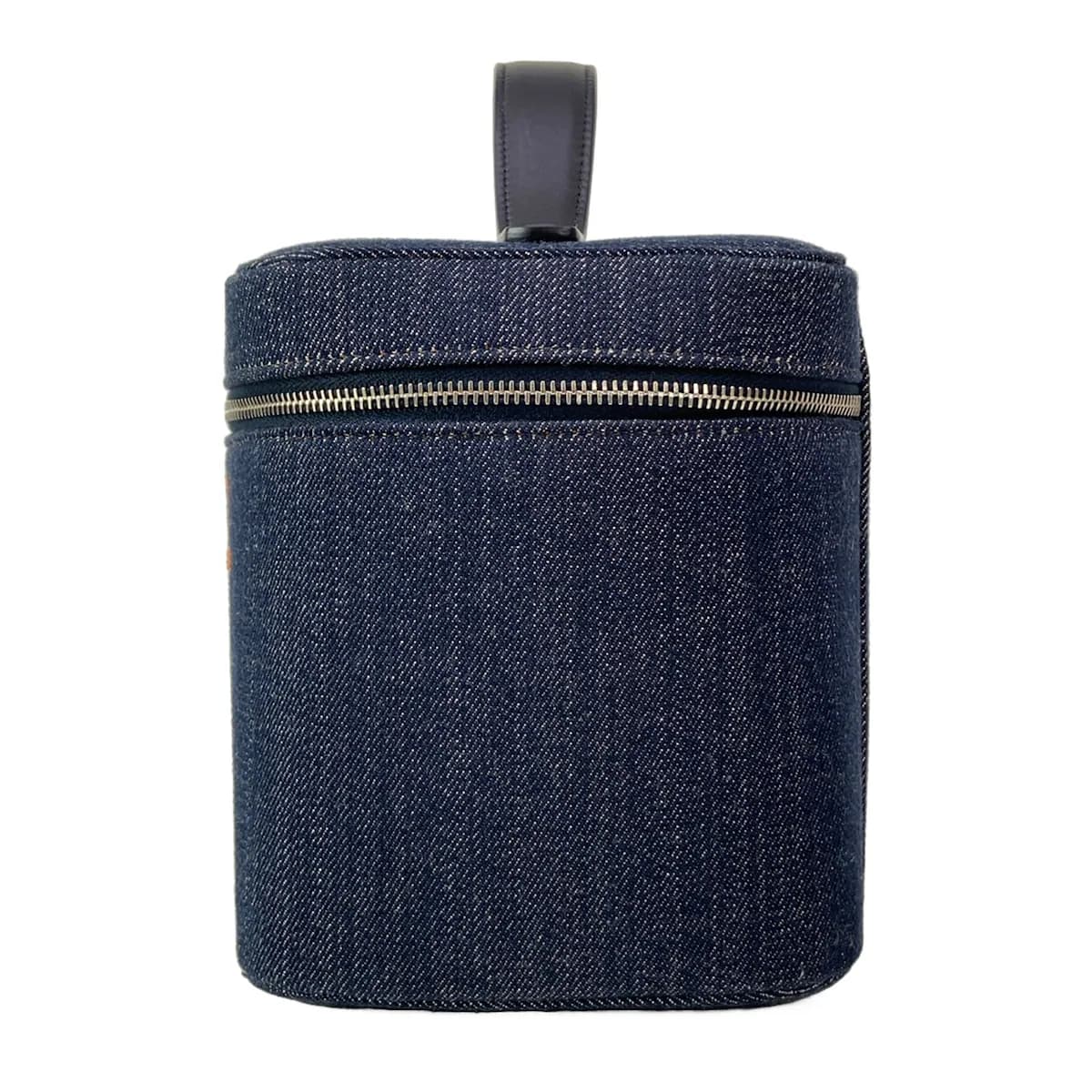 Navy structured vanity bag with top handles.