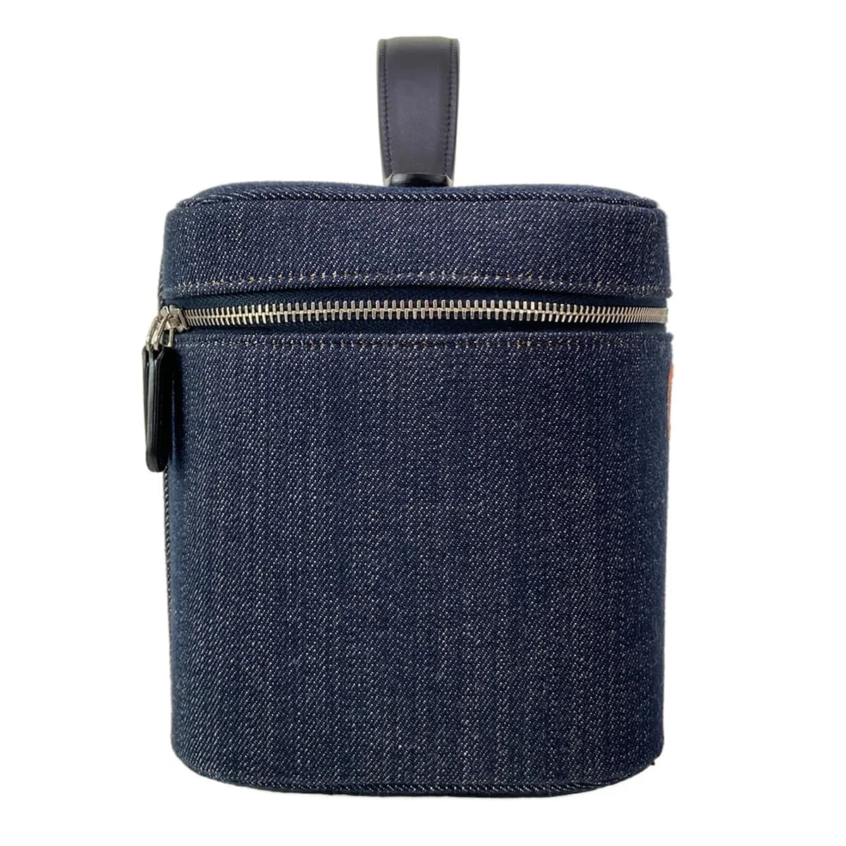 Navy structured vanity bag with top handles.