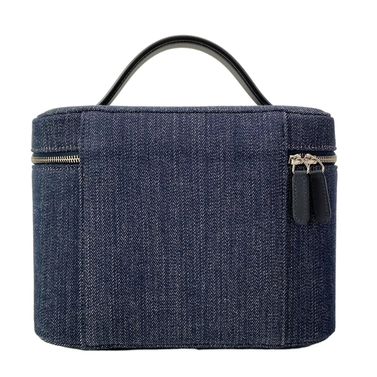 Navy structured vanity bag with top handles.