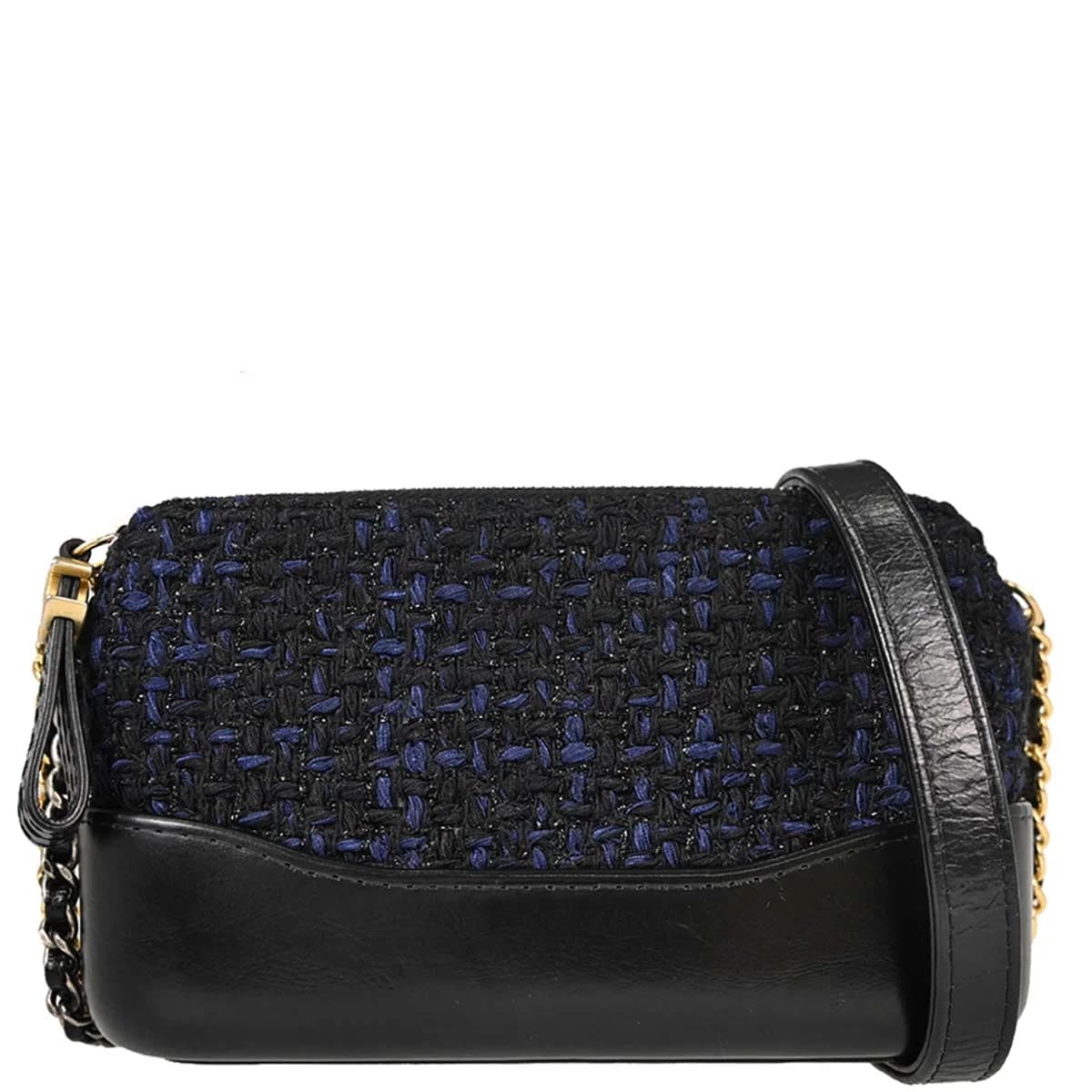 Small quilted navy tweed flap bag with a chain-and-leather shoulder strap.