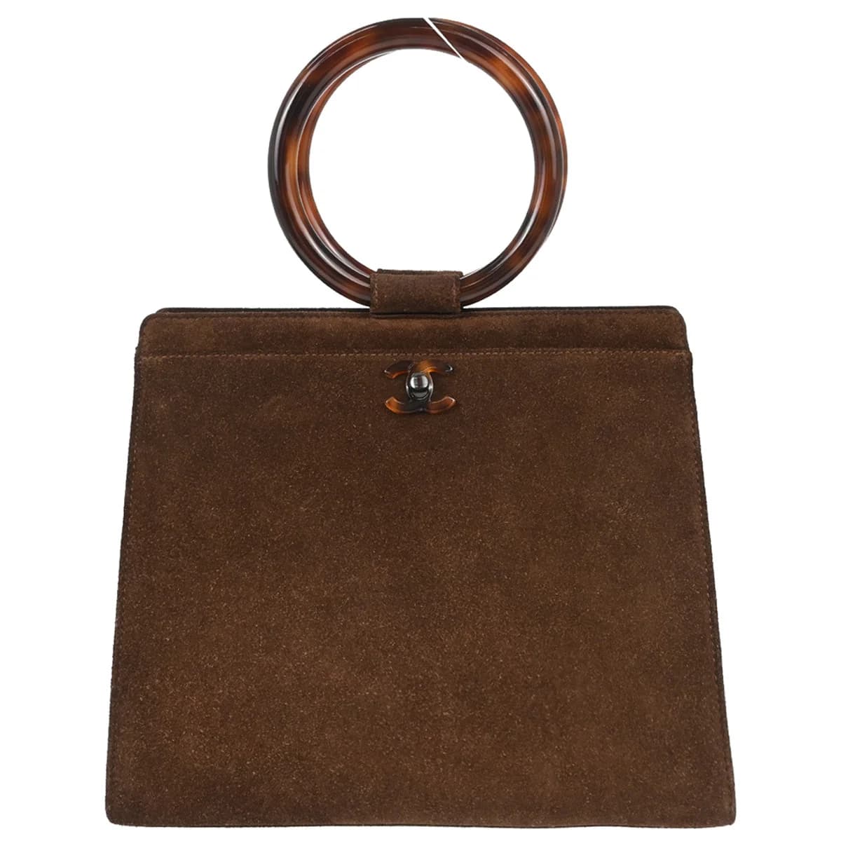 Brown suede handbag with mottled amber tortoiseshell-look handles and hardware