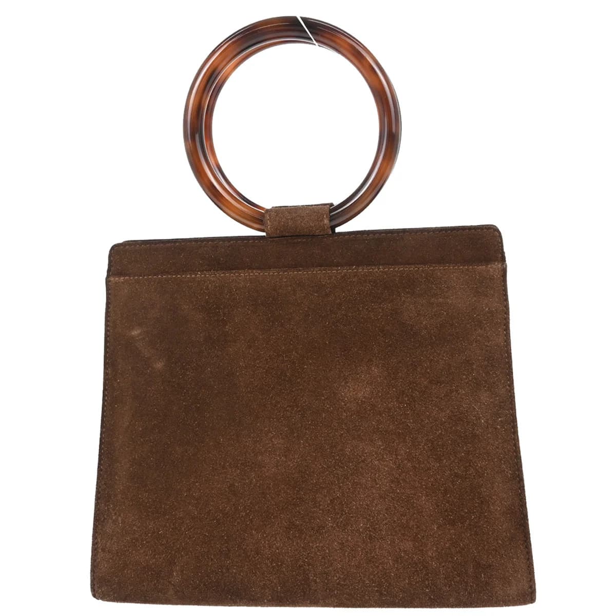 Brown suede handbag with mottled amber tortoiseshell-look handles and hardware
