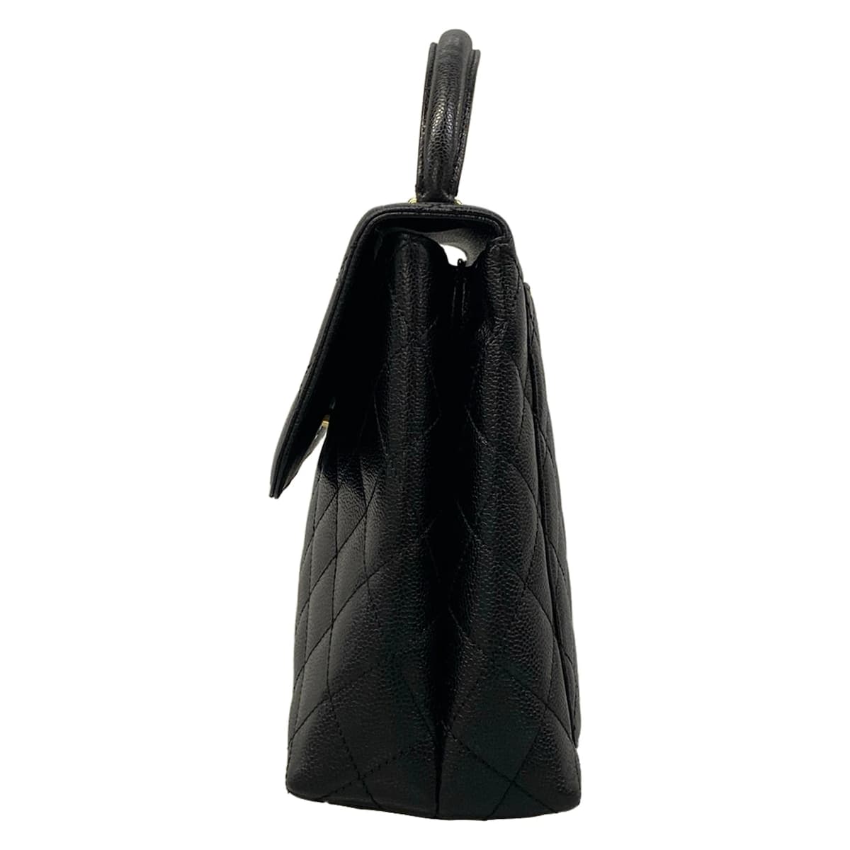 Black quilted bag with a tapered trapezoid silhouette.