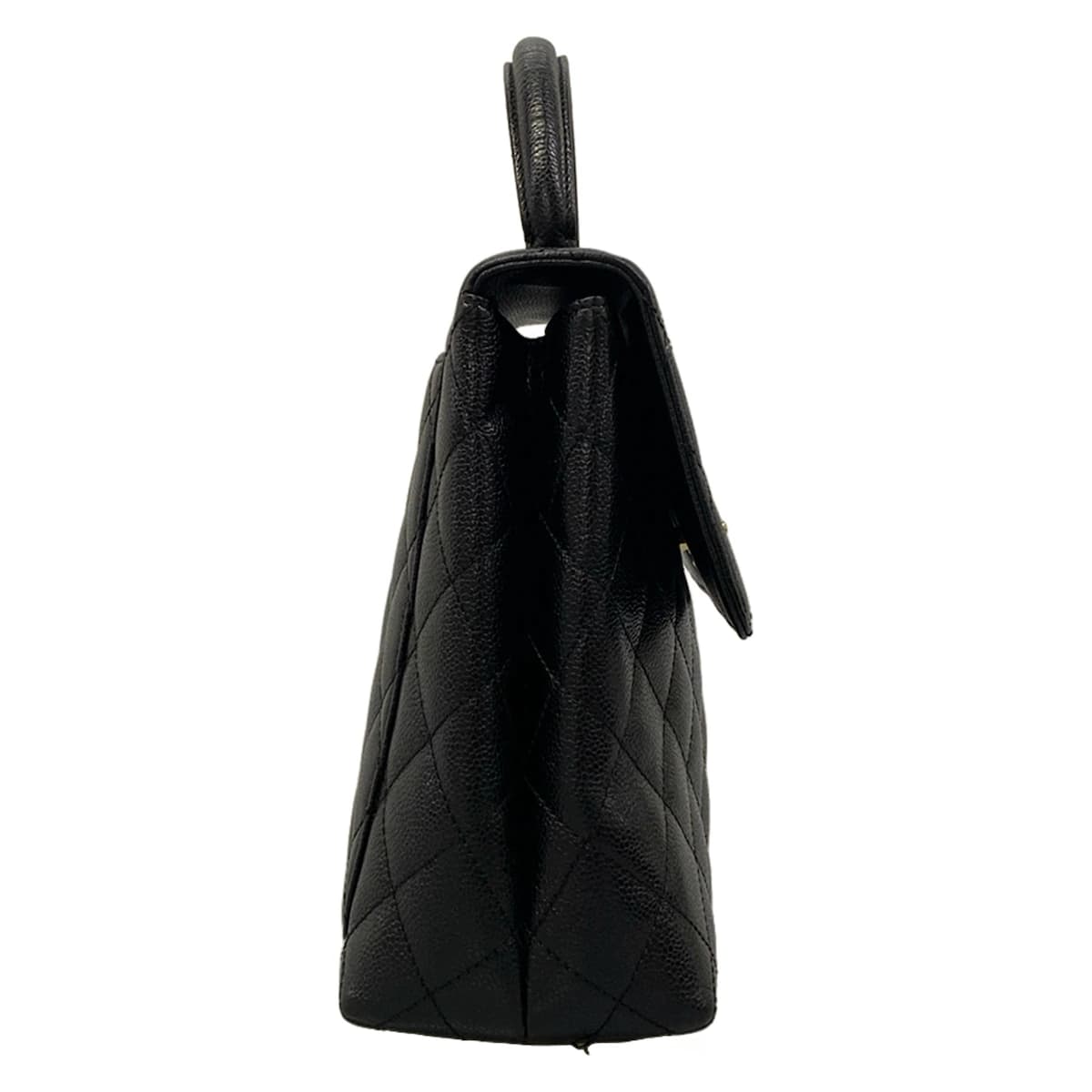 Black quilted bag with a tapered trapezoid silhouette.