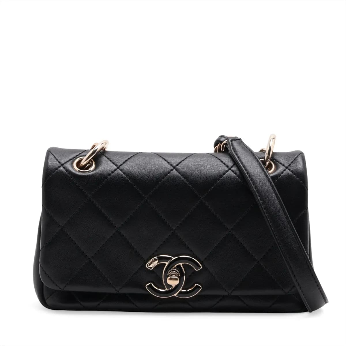 Quilted black leather flap bag with a gold-tone chain strap and turnlock closure