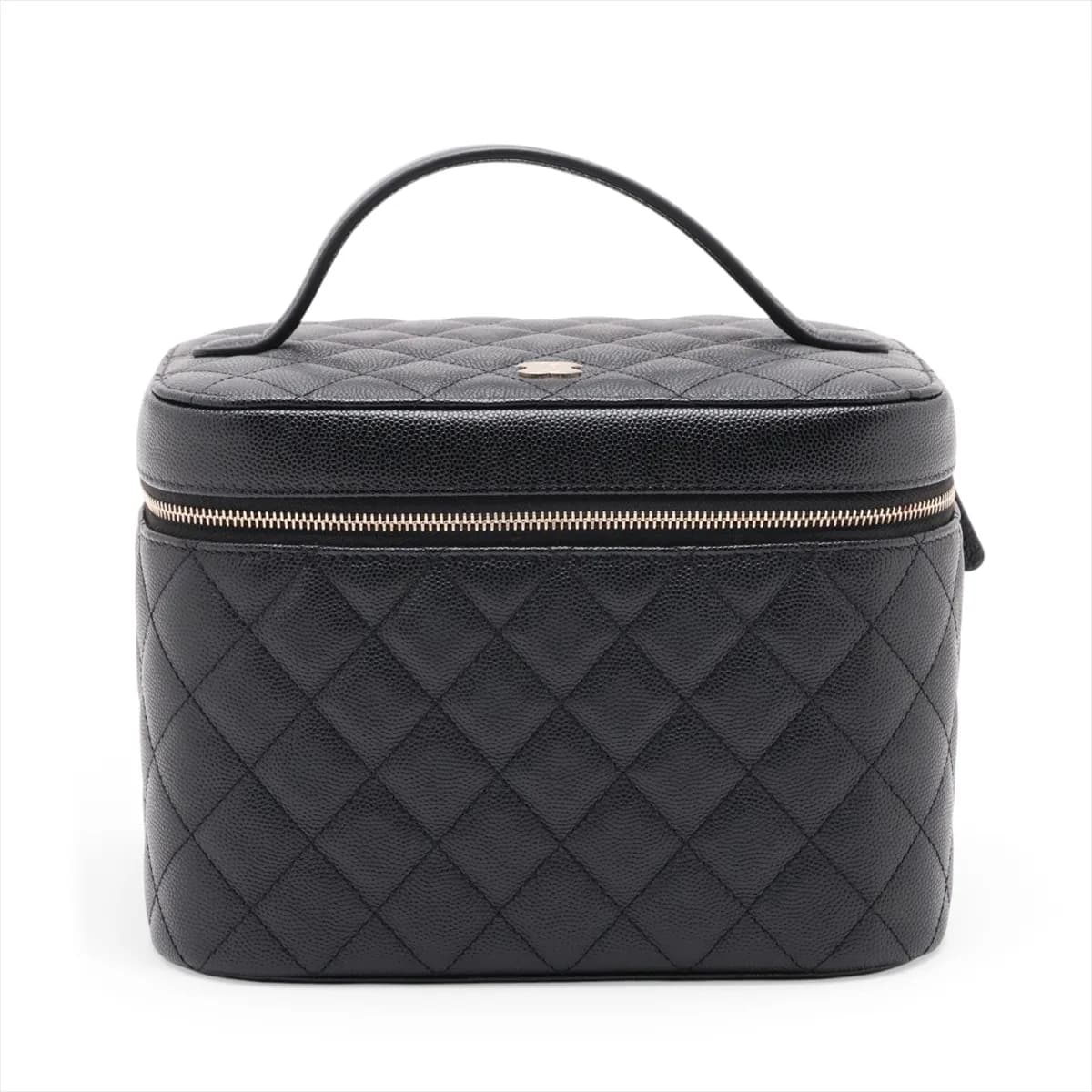 Black quilted caviar leather vanity case with a top handle and gold-tone hardware.
