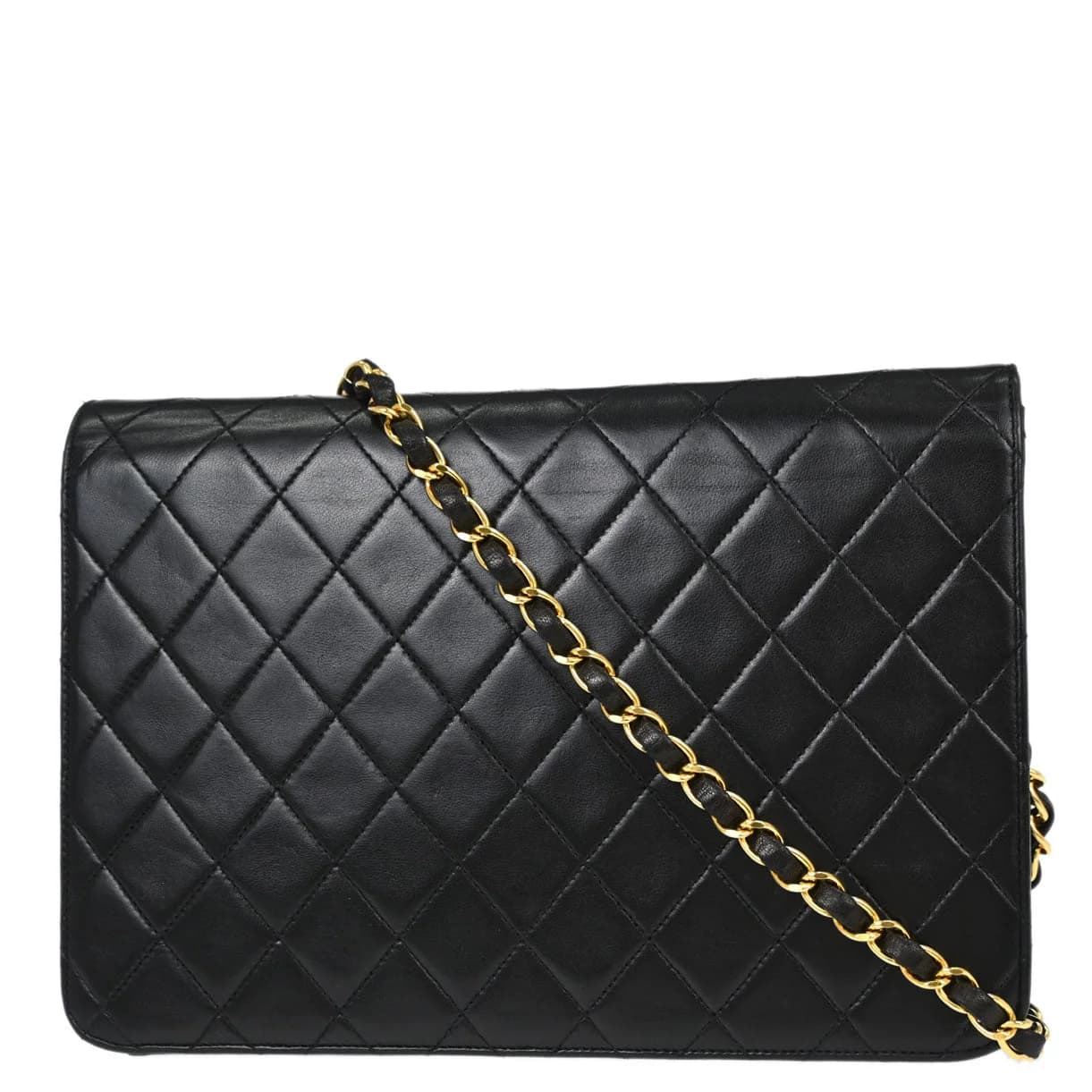 Black quilted leather flap bag with chain shoulder strap and square turnlock on the flap