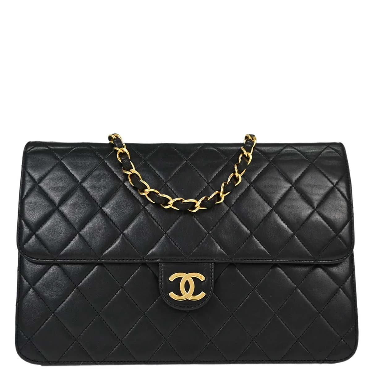 Black quilted leather flap bag with chain shoulder strap and square turnlock on the flap