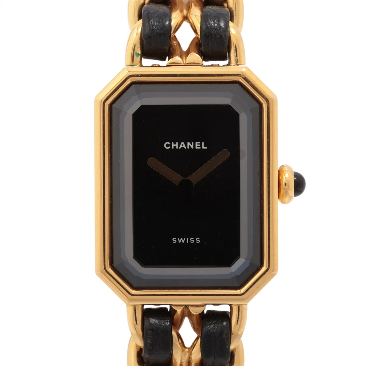 Gold-toned octagonal watch with black dial on a dark leather strap.