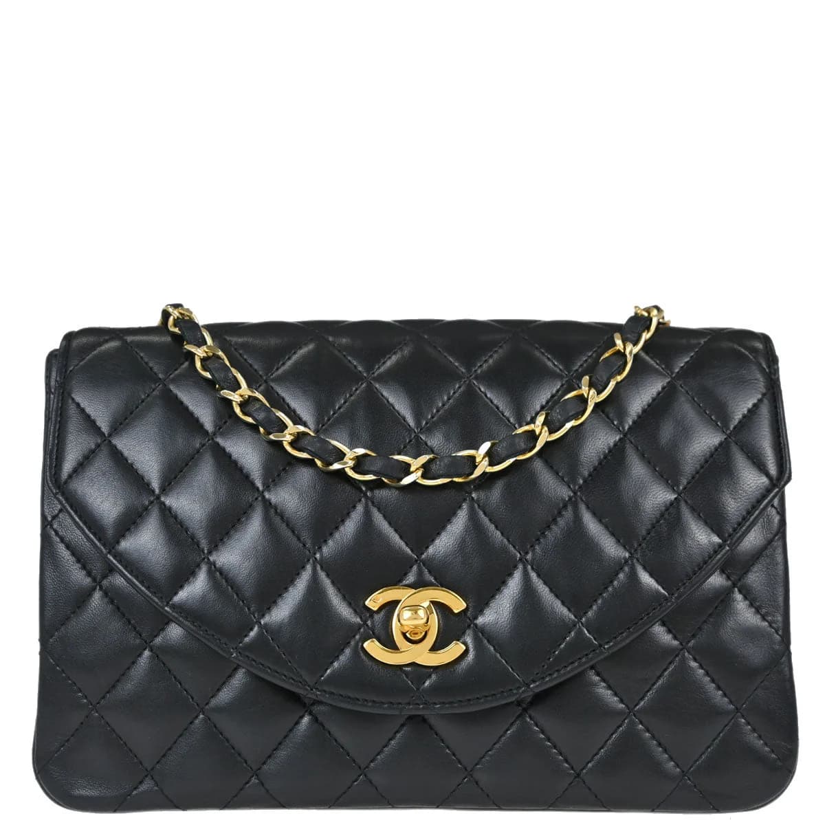 Black quilted lambskin flap bag with interwoven chain-and-leather strap and a logo clasp