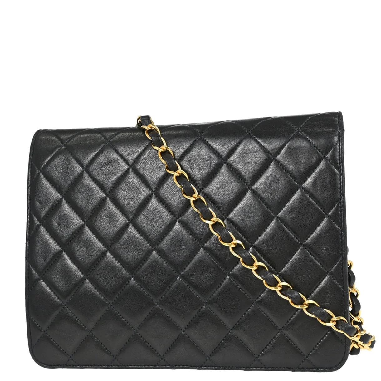 Black quilted leather flap bag with a chain and leather shoulder strap and a turnlock closure