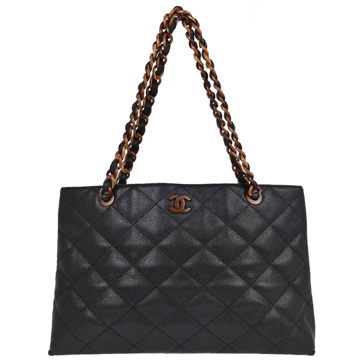 Black grained-leather tote with chain-and-leather shoulder straps.