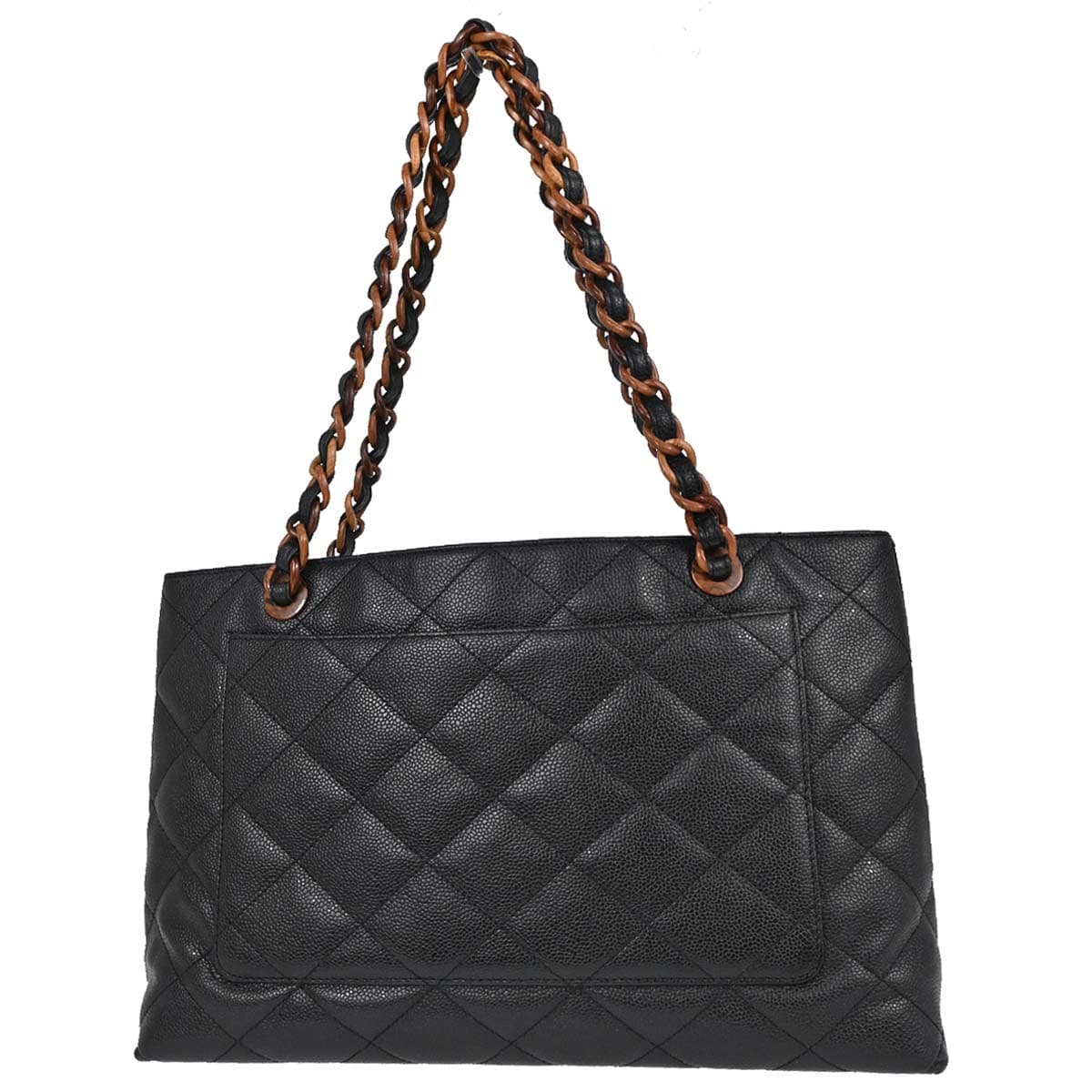 Black grained-leather tote with chain-and-leather shoulder straps.