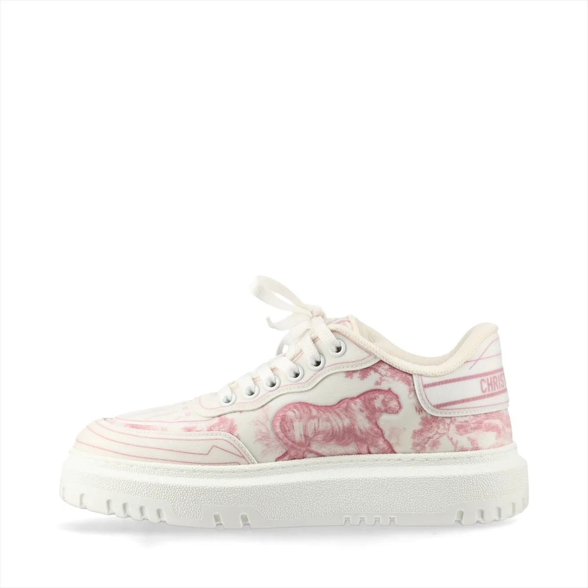 Pair of pink and white printed platform sneakers with thick white soles, shown from the side.