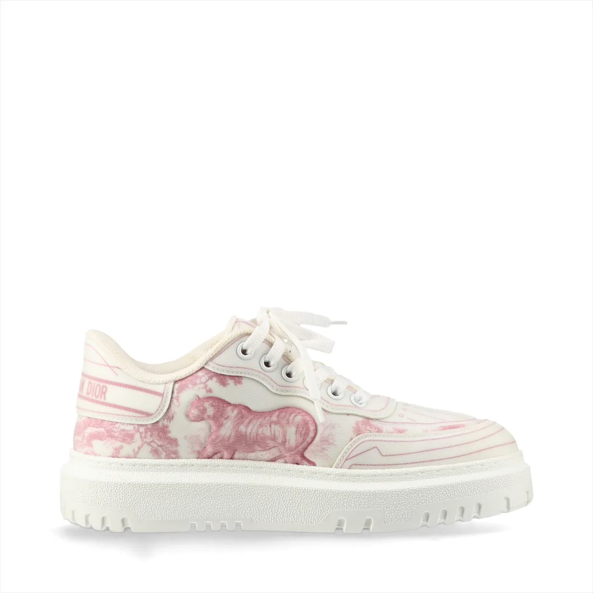 Pair of pink and white printed platform sneakers with thick white soles, shown from the side.